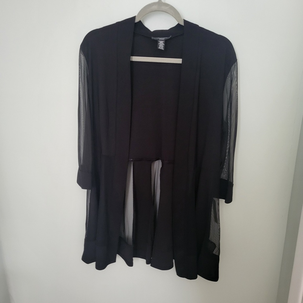 R&M Richards Black Sheer Mesh Open Front Jacket Cardigan Women Duster 14P Petite